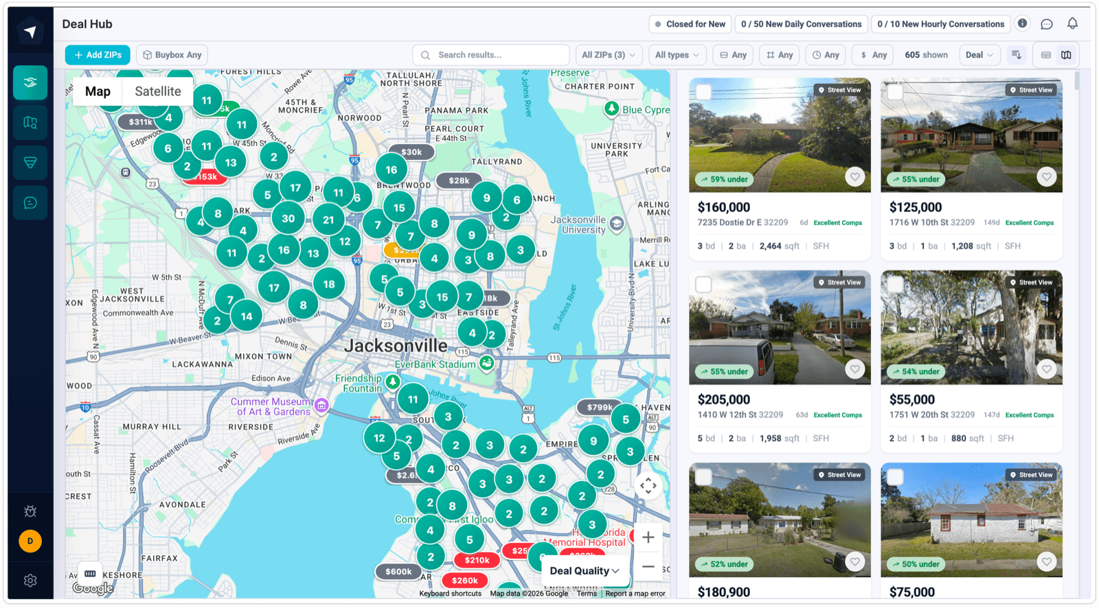 ProPilot Deal Hub showing a live map of Jacksonville listings with under-market deals and comps